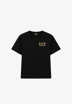 T-shirt nera a maniche corte con collo a girocollo e logo "EA7 Emporio Armani" dorato sul petto a sinistra, con etichetta logo abbinata all'interno del colletto.