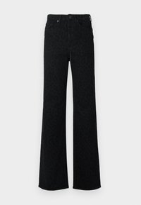 Black high-waist jeans with subtle leopard print pattern, straight wide legs, front button, and pockets.