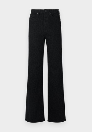 Svarte høyhårede jeans med subtil leopardmønster, rett vide ben, frontknapp og lommer.