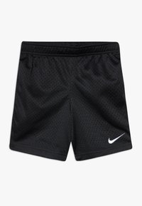 Svarte idrettsshorts laget av pustende mesh-stoff. Har elastisk livlinje og en hvit Nike-logo i nedre høyre hjørne.