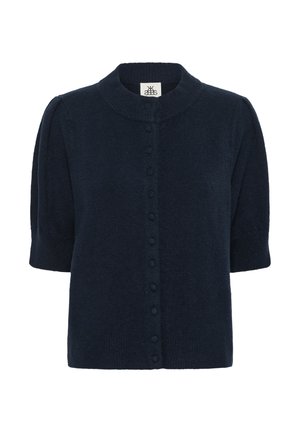 Navyblauer Kurzarm-Cardigan aus weichem Stoff. Mit rundem Ausschnitt und Knopfverschluss an der Vorderseite, verziert mit texturierten Akzenten.