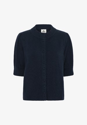 Cardigan bleu marine à manches courtes en tissu doux. Il possède un col rond et une fermeture à boutons à l'avant avec des accents texturés.