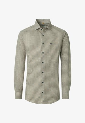 Herre-langærmet beige skjorte med knapper og lille blåt og orange geometrisk mønster samt en lille broderet logo på brystet.