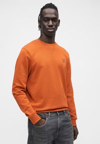Orange sweatshirt with crew neck and ribbed cuffs, featuring a small embroidered logo. Paired with dark gray jeans.