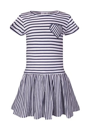 Vestido de manga corta para niños con rayas horizontales en azul marino y blanco en la parte superior, rayas verticales en la falda y parche en forma de corazón en el pecho.