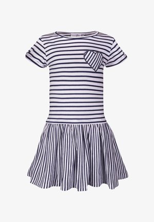 Sukienka dziecięca z krótkim rękawem, z granatowo-białymi poziomymi paskami na górze, pionowymi paskami na spódnicy oraz naszywką w kształcie serca na piersi.