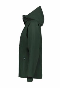 Giacca impermeabile verde, dotata di cappuccio, tasca laterale con zip e polsini in Velcro. Texture liscia con un design elegante e moderno.