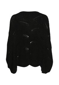 Svart stickad poncho med ett strukturerat mönster, som har en scallopdesign och lösa ärmar. Lätt och med öppen väv.