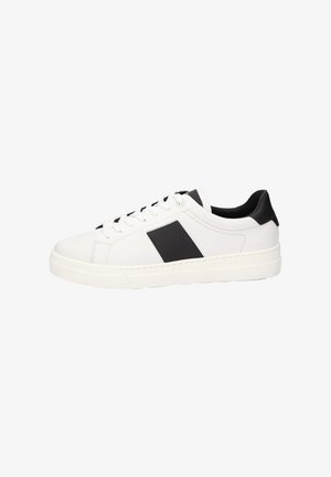 Weißer Sneaker mit schwarzem Akzent, aus glattem Leder gefertigt. Verfügt über eine runde Zehenpartie, gepolsterten Kragen und eine strukturierte Gummisohle.