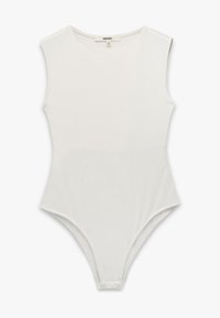 Valkoinen ilmanhiha bodysuit, jossa on sileä pinta, pyöreä kaula-aukko ja korkeat lahkeet. Kankaassa on hienoinen kiilto; minimalistic design. Brändilogo näkyvissä.