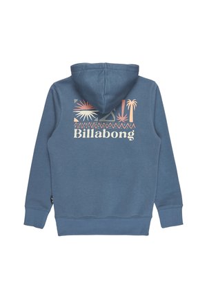 Blue hoodie with a large graphic featuring palm trees and geometric patterns in pink and cream. Includes a drawstring hood and ribbed cuffs.