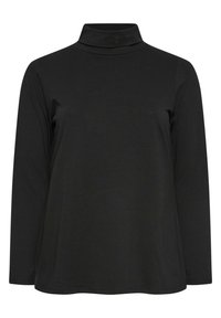 Svart polokrage med långa ärmar, gjord av mjukt och elastiskt material. Har en åtsittande hals och en avslappnad passform genom kroppen.