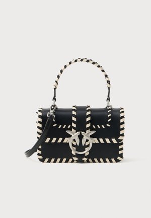 Black leather handbag with white striped accents, a braided handle, and silver hardware featuring a dual-bird design. Compact rectangular shape.