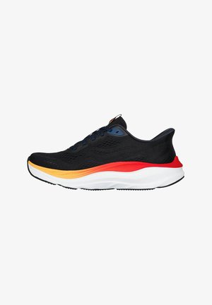 Black athletic shoes with a textured upper, feature blue laces, and a multicolored sole in red, orange, and white. Lightweight design.