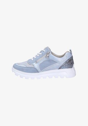 Light blue sneakers with suede and mesh materials, featuring a side zipper, textured grey accents, and a thick white rubber sole.