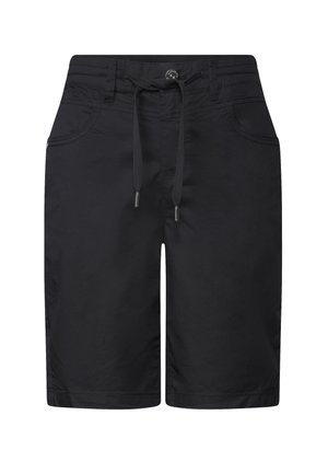 Schwarze Shorts aus leichtem Material, mit einem Kordelzugbund, zwei Fronttaschen und einer glatten, matten Textur.