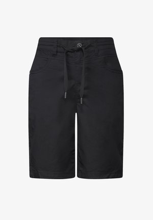 Shorts neri realizzati in tessuto leggero, con un elastico in vita regolabile, due tasche anteriori e una superficie liscia e opaca.