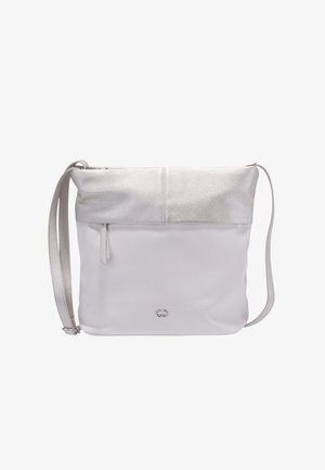 White leather shoulder bag with a textured silver top flap, adjustable strap, and zipper closure. Features a small logo on the front.