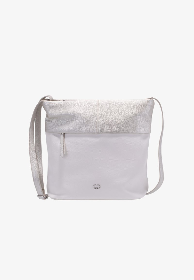 Borsa a spalla in pelle bianca con una patta superiore texturizzata in argento, tracolla regolabile e chiusura con cerniera. Presenta un piccolo logo sul davanti.