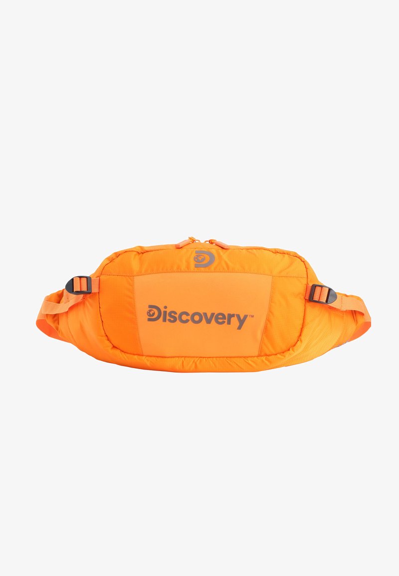 Oranger Hüfttasche mit gepolstertem Design, ausgestattet mit einem Reißverschlussverschluss, verstellbaren Trägern und einer großen Fronttasche mit dem "Discovery"-Logo.