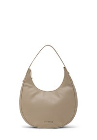 Borsa hobo in pelle beige con texture liscia e design curvo. Presenta una tracolla singola e un accento logo metallico.