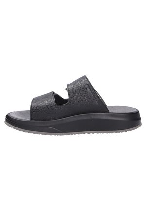 Sandales slide noires avec une tige texturée, design à bout ouvert et semelle épaisse. Équipées de deux brides découpées pour la ventilation.