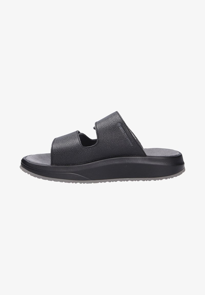 Zwarte goedkope sandalen met een geprofileerde bovenkant, open teenontwerp en een dikke platformzool. Beschikt over twee uitsparingen voor ventilatie.