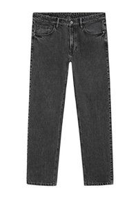 Black straight-leg denim jeans with front button closure, belt loops, and five-pocket design laid flat on a white background.