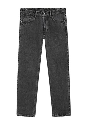 Schwarze gerade geschnittene Jeans aus Denim mit vorderem Knopfverschluss, Gürtelschlaufen und fünf Taschen-Design, flach auf einem weißen Hintergrund ausgelegt.
