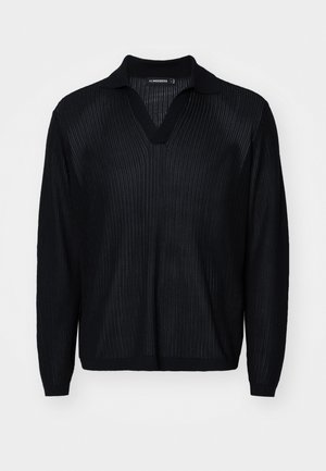 Pullover nero a maglia con scollo a V, caratterizzato da una texture a coste, maniche lunghe e un colletto a contrasto. Tessuto liscio e leggero.