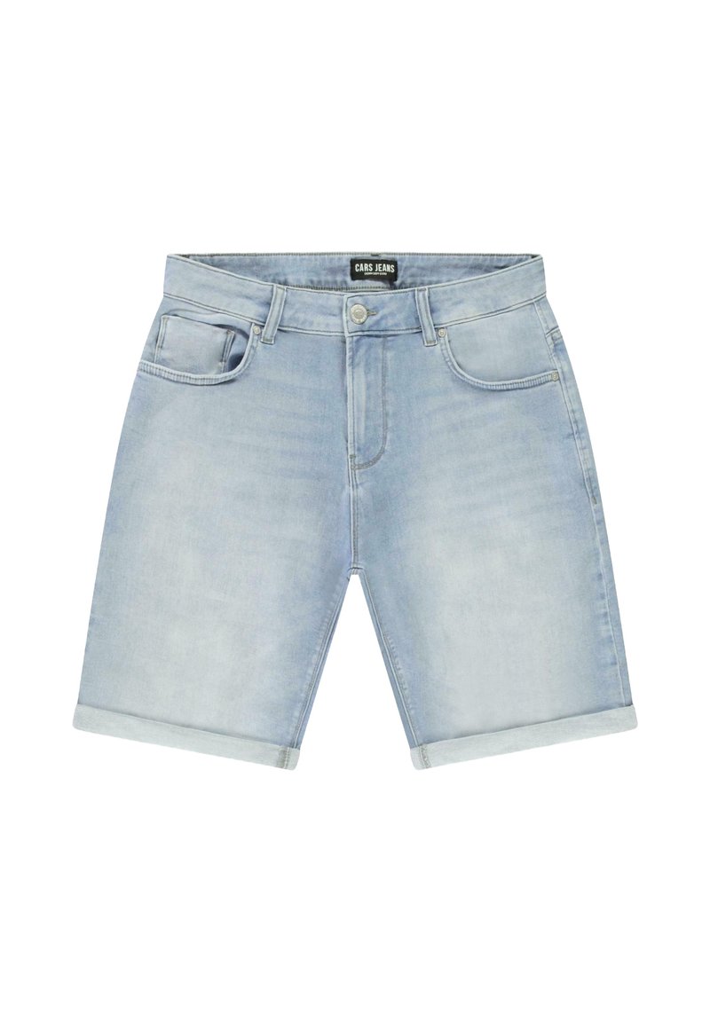 Lichtblauwe denimshorts met een rechte pasvorm, vijf zakken, opgerolde randen en een zilveren knoopsluiting. Zachte, vervaagde textuur met minimale stiksels.