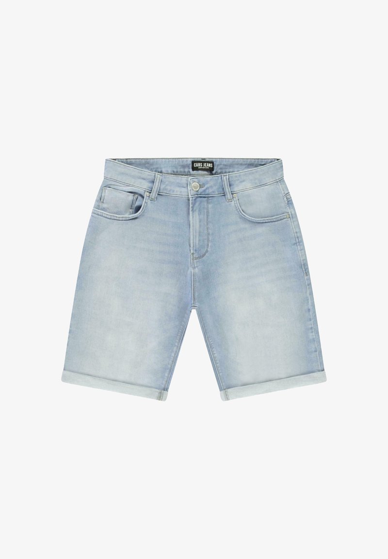Lichtblauwe denimshorts met een rechte pasvorm, vijf zakken, opgerolde randen en een zilveren knoopsluiting. Zachte, vervaagde textuur met minimale stiksels.