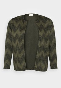 Přední otevřený kardigan v barvě olivově zelené s texturovaným vlnkovým vzorem, dlouhými rukávy a uvolněným střihem. Materiál působí lehce a prodyšně.