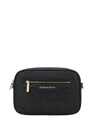 Borsa a tracolla nera Gian Marco Venturi con cerniera dorata e logo, con motivo traforato delle iniziali del marchio sul davanti.