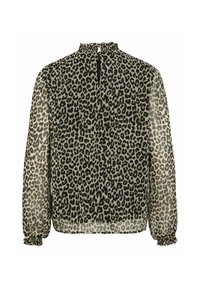 Blusa con stampa leopardata realizzata in tessuto trasparente. Presenta maniche lunghe con polsini arricciati, scollatura alta e chiusura con bottone sulla parte posteriore.