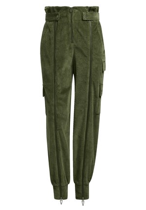 Grønne cargobukser i højtaljet fløjl med elastiske manchetter, flere lynlåsdetaljer, foran lynlås og sidelommer med klap.