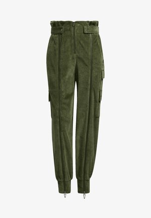 Pantalon cargo en velours côtelé vert olive taille haute avec poignets élastiques, multiples détails zippés, fermeture éclair avant et poches latérales à rabat.
