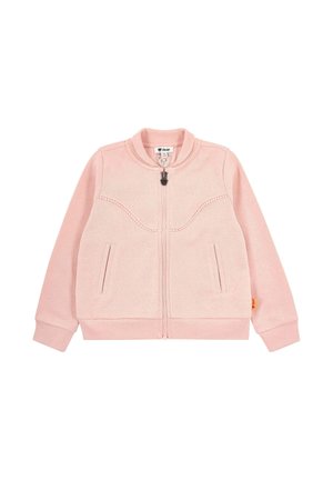 Light pink children's zip-up jacket with ribbed collar, cuffs, two front pockets, and subtle decorative stitching across the chest.