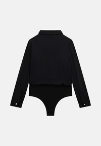 Sort bodysuit med lange ærmer, knappede manchetter og kraveudskæring. Glat stof med en tætsiddende pasform ved taljen og hofterne.
