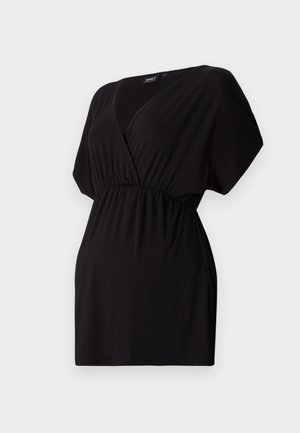 Black short-sleeve top made of stretchy fabric, featuring a V-neckline and gathered elastic waist for a relaxed fit. Simple design without patterns.