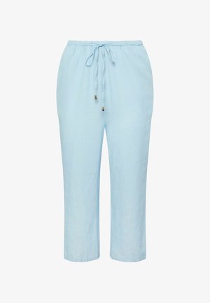 Pantalones de color azul claro con cordón, cintura elástica y piernas rectas y sueltas, exhibidos sobre un fondo blanco.