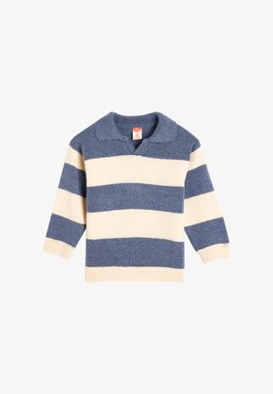Pullover lavorato a maglia con colletto, caratterizzato da strisce orizzontali blu e crema. Maniche lunghe con polsini e orlo a coste. Texture morbida.