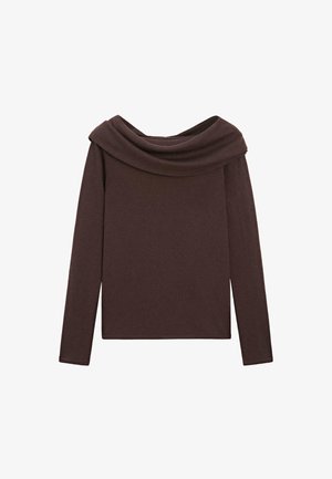 Maglietta marrone a maniche lunghe con scollatura drappeggiata e silhouette aderente. Realizzata in materiale morbido ed elastico, priva di fantasie o dettagli.
