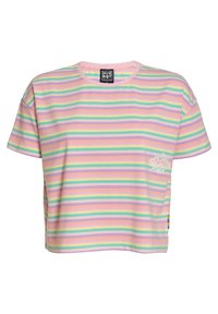 Pasiasty, pastelowy T-shirt z krótkim rękawem w kolorze różowym, żółtym, zielonym i purpurowym. Posiada małe logo na piersi oraz tęczowy detal z boku.