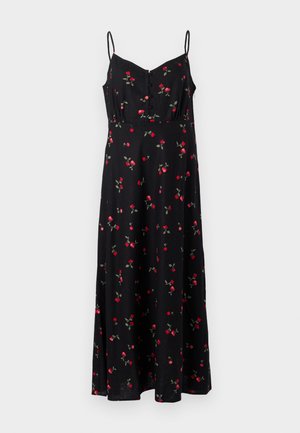 Rochie neagră cu flori, având bretele adjustabile tip spaghetti, un închidere cu butoane în față, cu un tipar de trandafiri roșii și frunze verzi pe material.