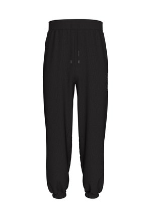 Černé fleecové tepláky s elastickým pasem, šňůrkou, bočními kapsami, elastickými manžetami a malým logem na pravém stehně.