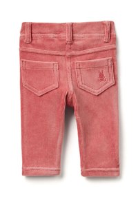 Sametové kalhoty v vybledlé růžové barvě, s dvěma zadními kapsami a vyšitým logem králíka, a rovnými nohavicemi. Texturovaný, měkký materiál.