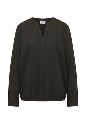 Dunkelgrüne Bluse mit V-Ausschnitt und langen Ärmeln. Verfügt über einen gerafften Saum und eine weiche, glatte Textur. Das Etikett im Kragen trägt die Aufschrift "CECIL".