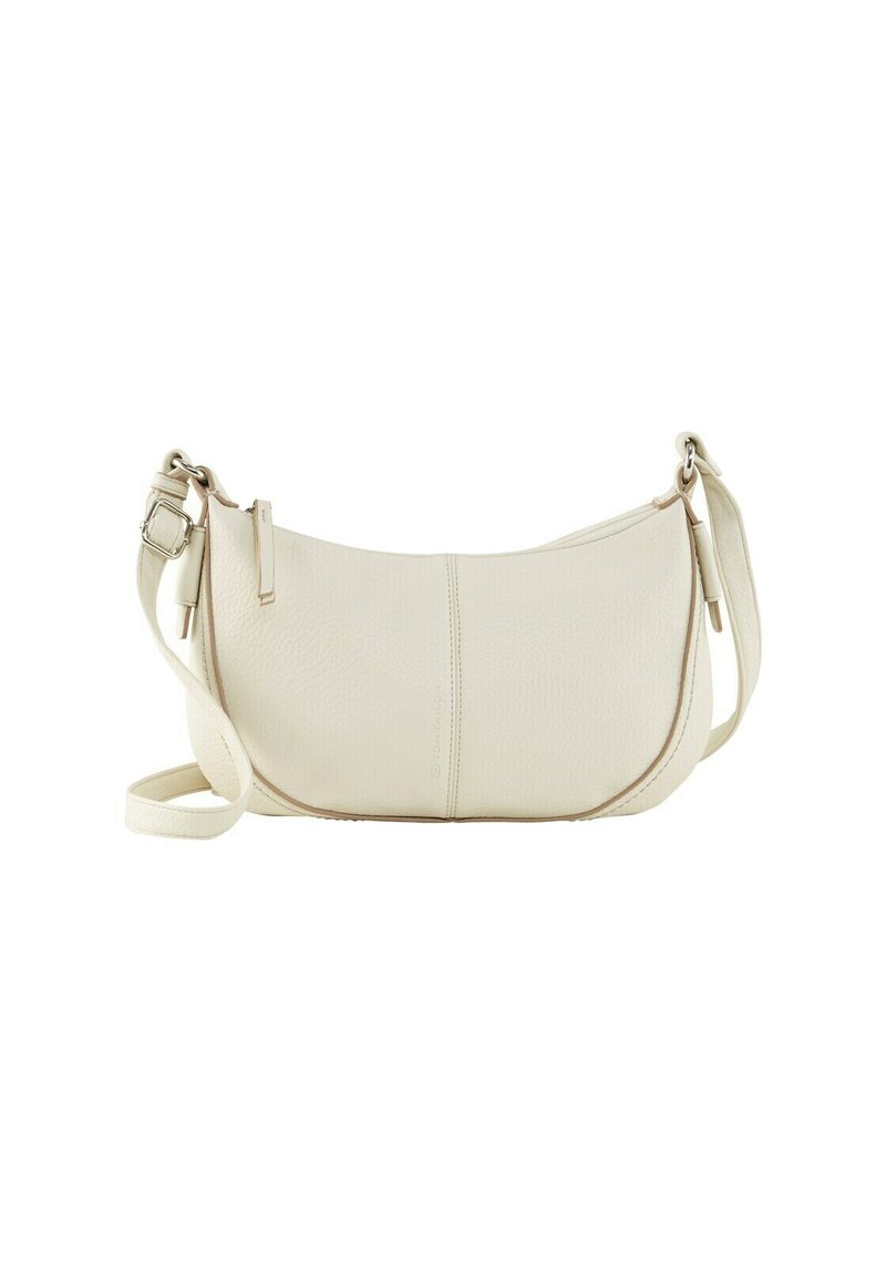 Borsa a spalla in pelle color beige chiaro con forma curva, tracolla regolabile e dettagli di cucitura discreti lungo le cuciture. Texture liscia in tutto il suo design.