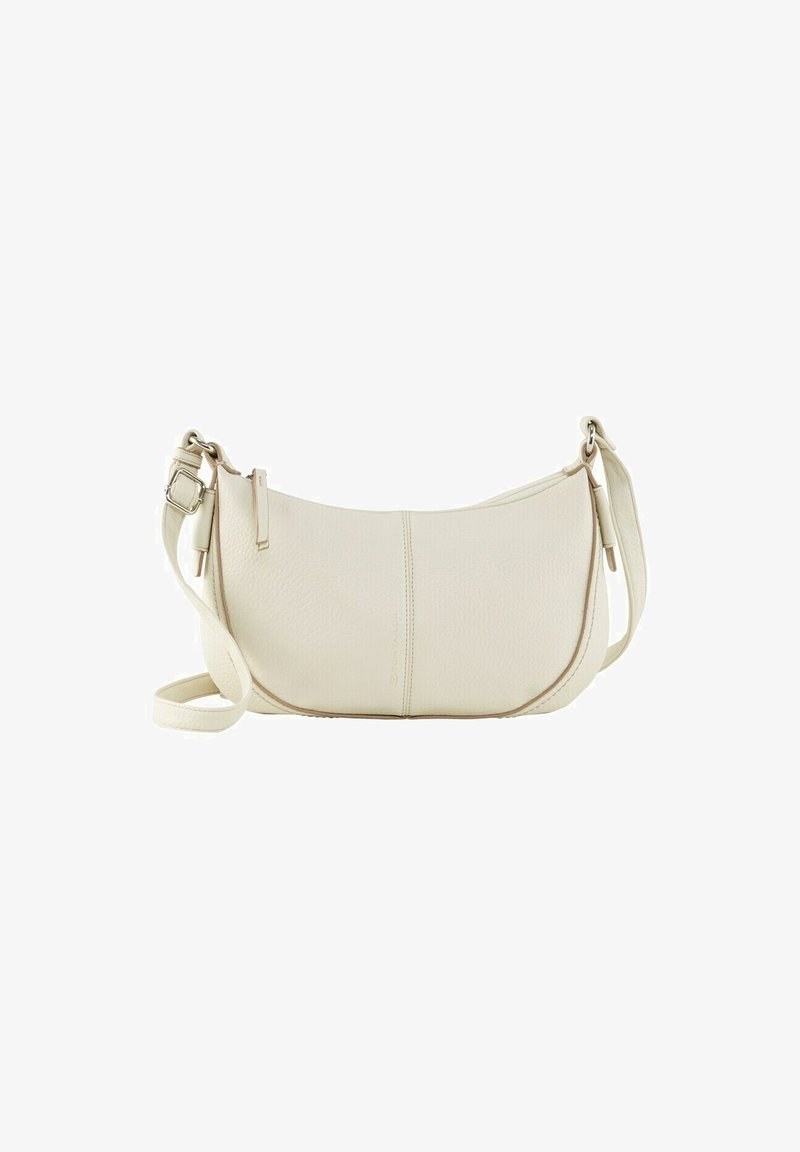 Borsa a spalla in pelle color beige chiaro con forma curva, tracolla regolabile e dettagli di cucitura discreti lungo le cuciture. Texture liscia in tutto il suo design.